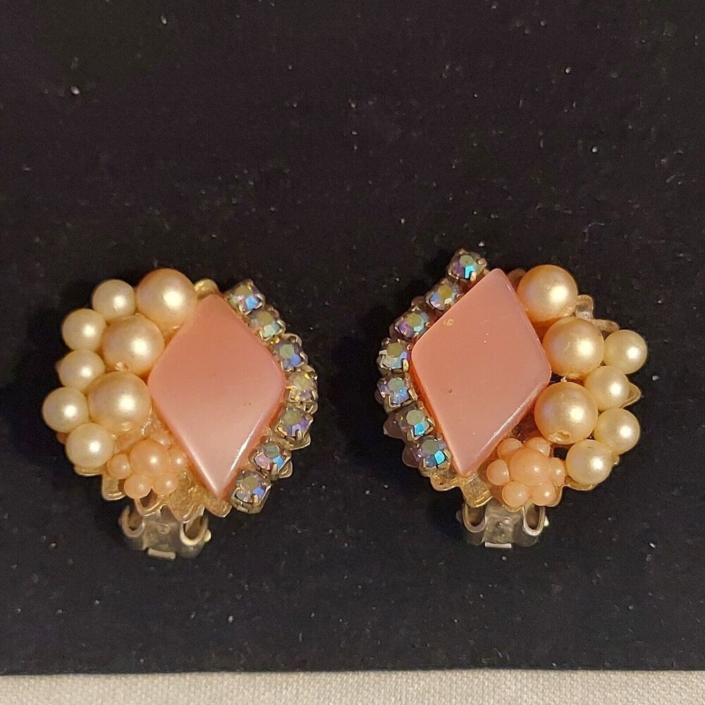 1950s Pink Faux Pearls Iridescent Rhinestone Clip on Earrings 1" Missing 1 Pearl